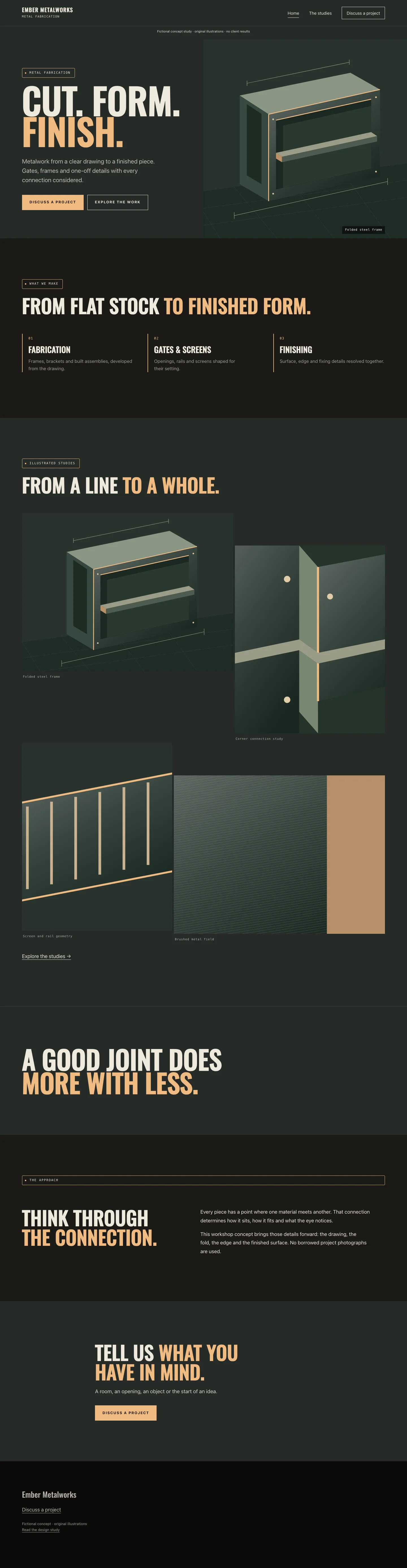 Complete desktop website for Ember Metalworks, from its opening headline to its contact section