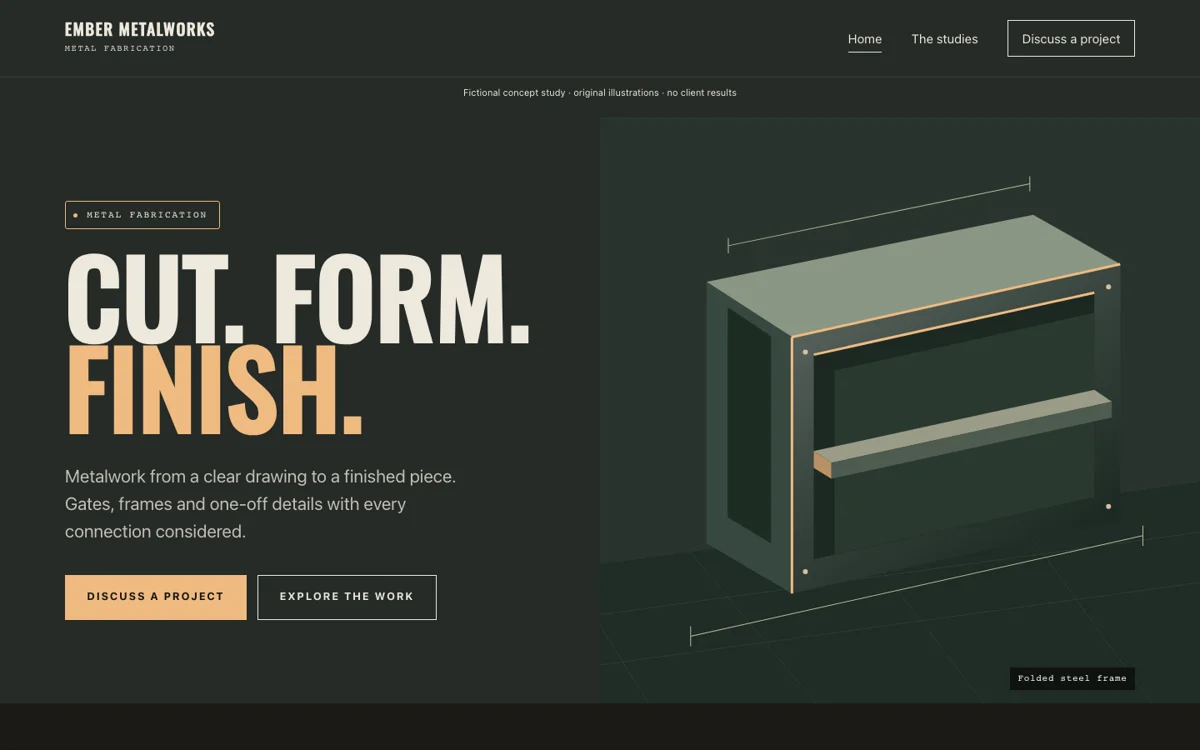 Desktop first screen of the Ember Metalworks fictional concept