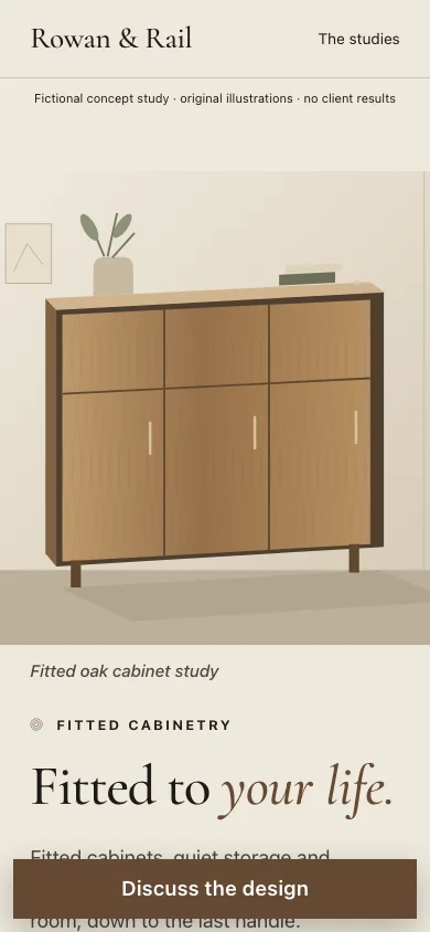 Phone-size check of the Rowan and Rail cabinetry concept