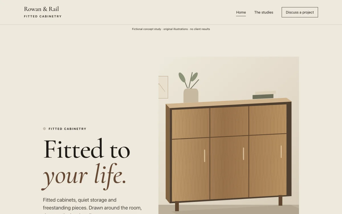 Desktop first screen of the Rowan & Rail fictional concept