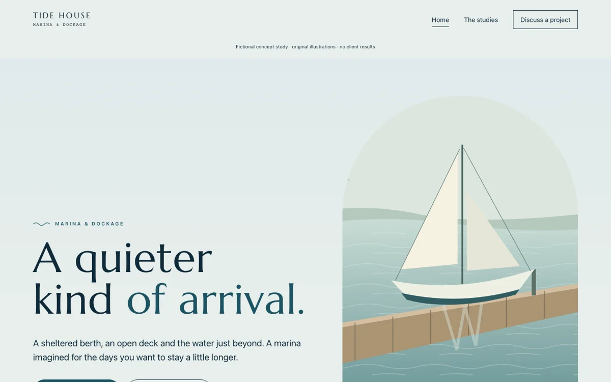 Desktop first screen of the Tide House fictional concept